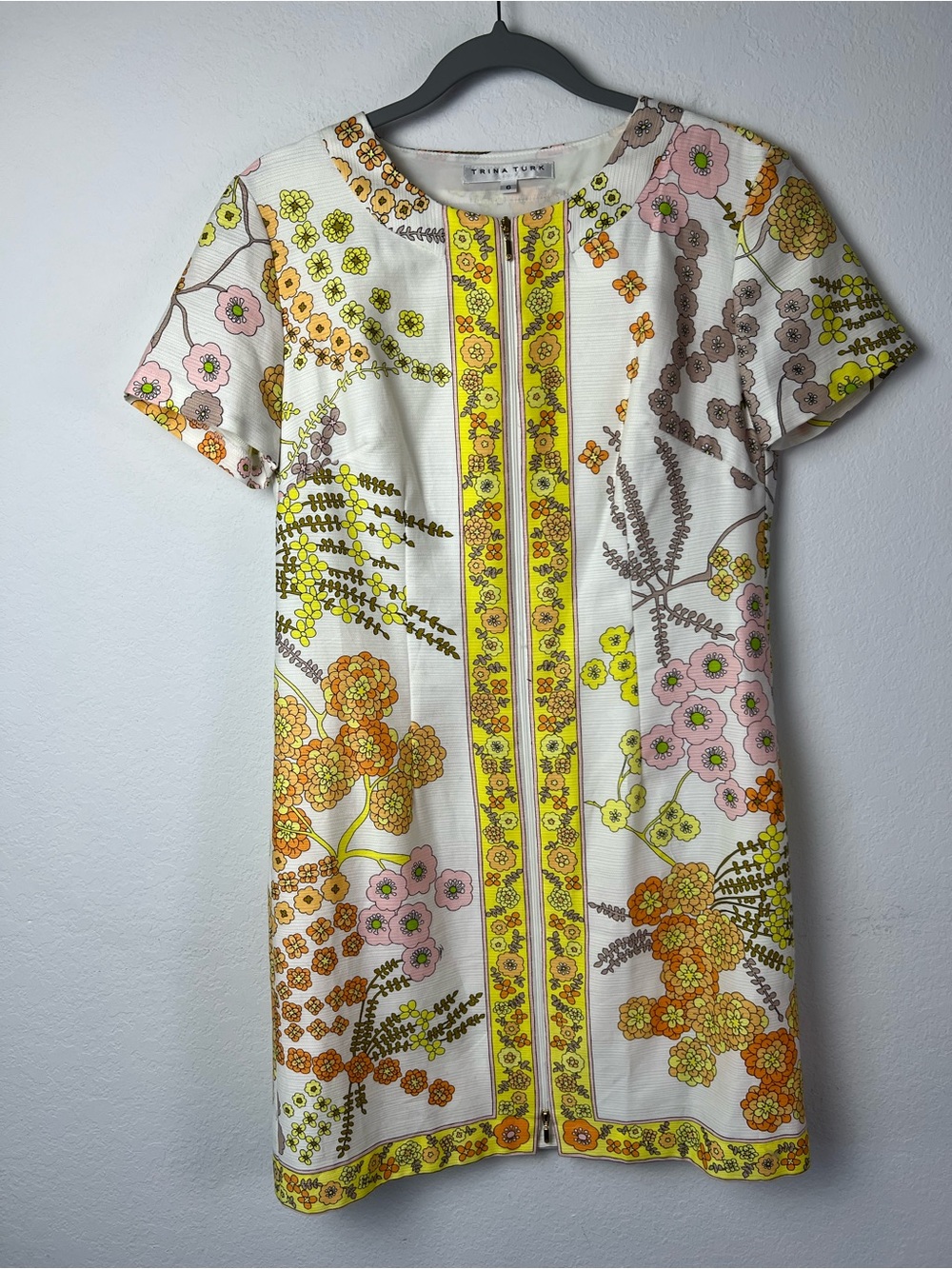 Trina Turk Arboretum Ribbed White Yellow Orange Zipper Front Short Sleeve Dress